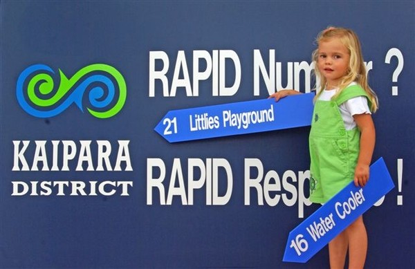 Kaipara District Council�s display at Site 245 will emphasise the importance of RAPID Numbers but three year-old Courtenay Woollam is more likely to be heading for the kiddies playground or a drink at the water cooler.